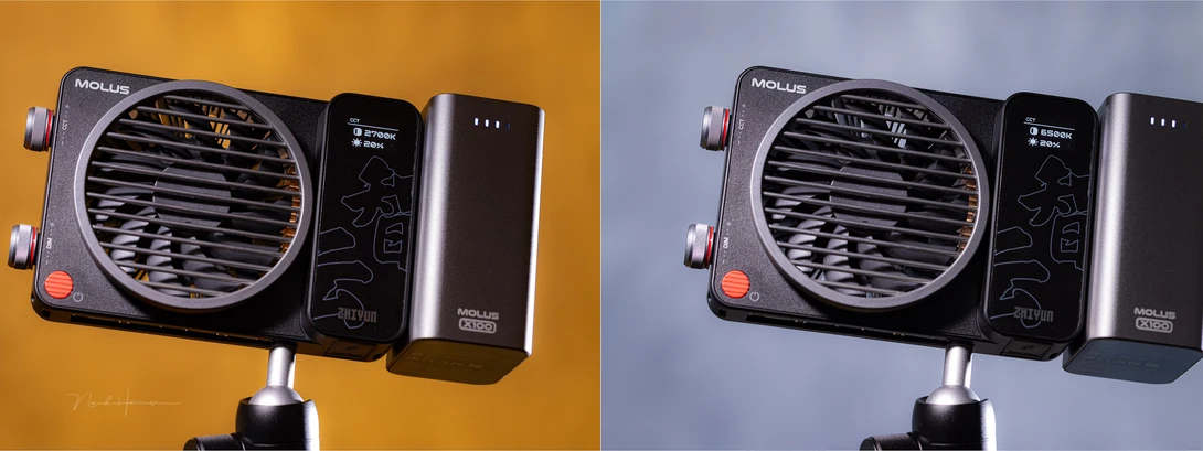 The Molus X100 is a b-color light, choose a color temperature between 2,700K and 6,500K