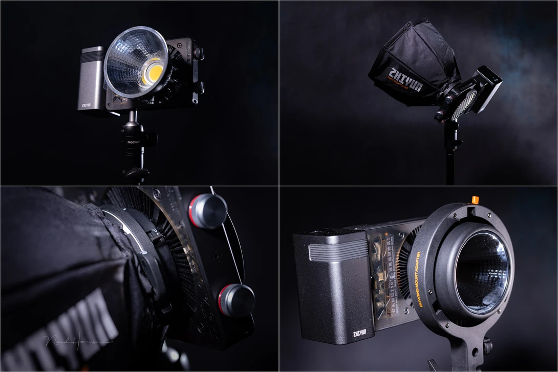 Light modifiers can be connected to the ZY mount. Or choose the Bowens Mount Adaptor, which also connects to the ZY mount.