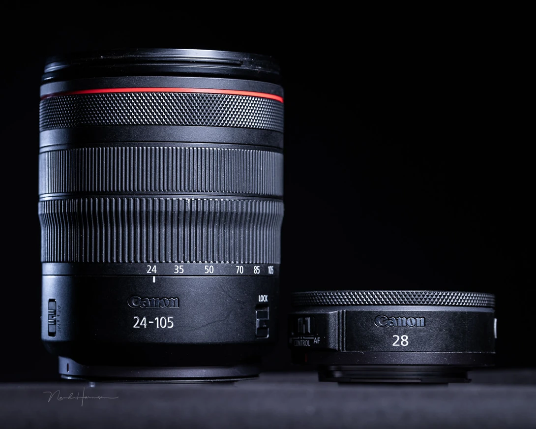 A size comparison between the RF 28mm f/2.8 STM and the RF 24-105mm f/4L IS USM