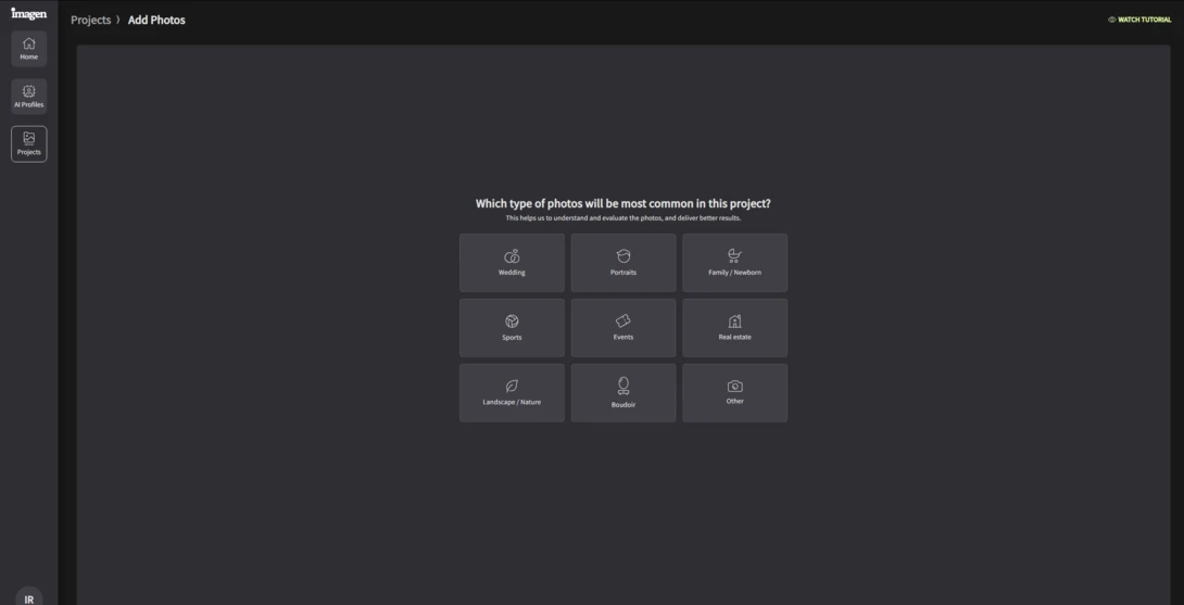 Screenshot of a photo project setup dialog displaying nine category options for organizing photos.