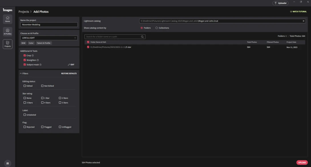 Screenshot of a photo management interface with project organization panel and image library displayed.