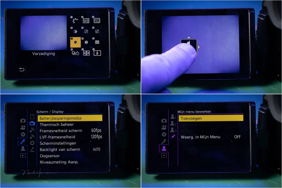 Another set of customizability screens, including the option to swipe the histogram on screen. Sorry about the Dutch menu, I forgot to set it to the English language.