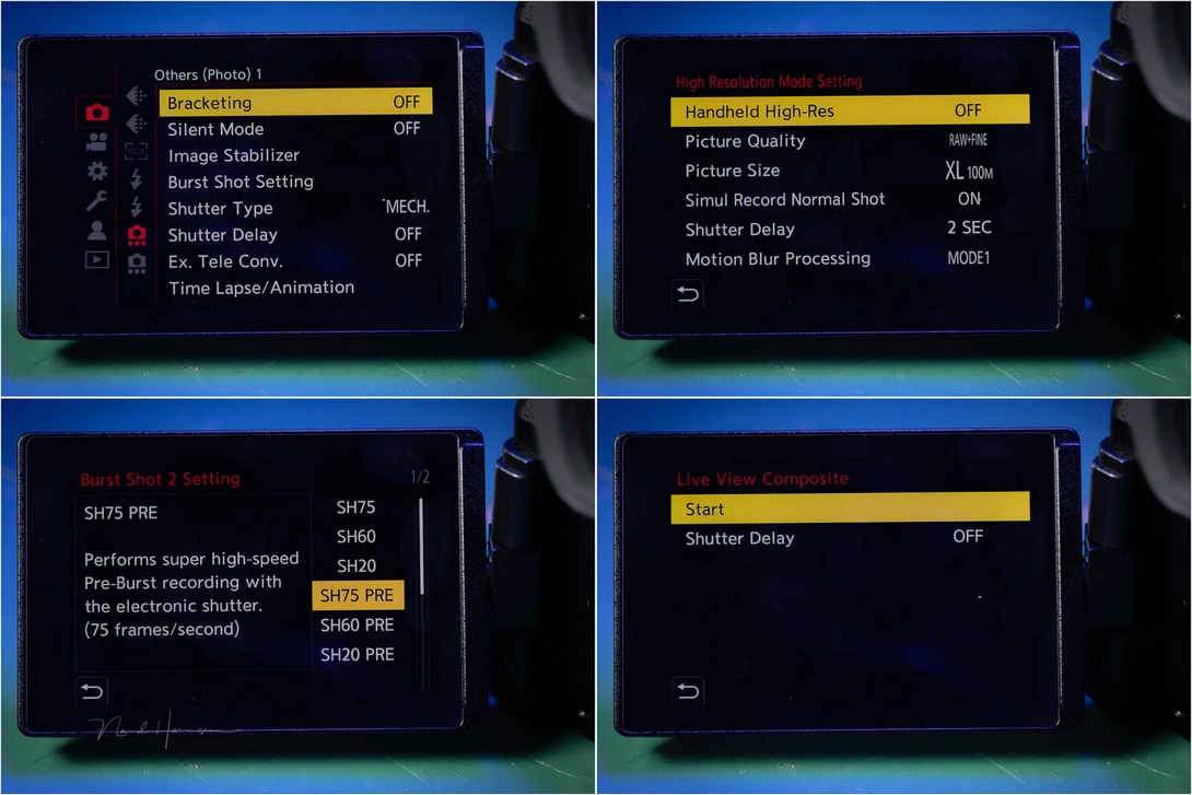 Some of the option of the Lumix G9 II, like super resolution, bracketing, and RAW burst. Sorry about the Dutch menu, I forgot to set it to the English language.