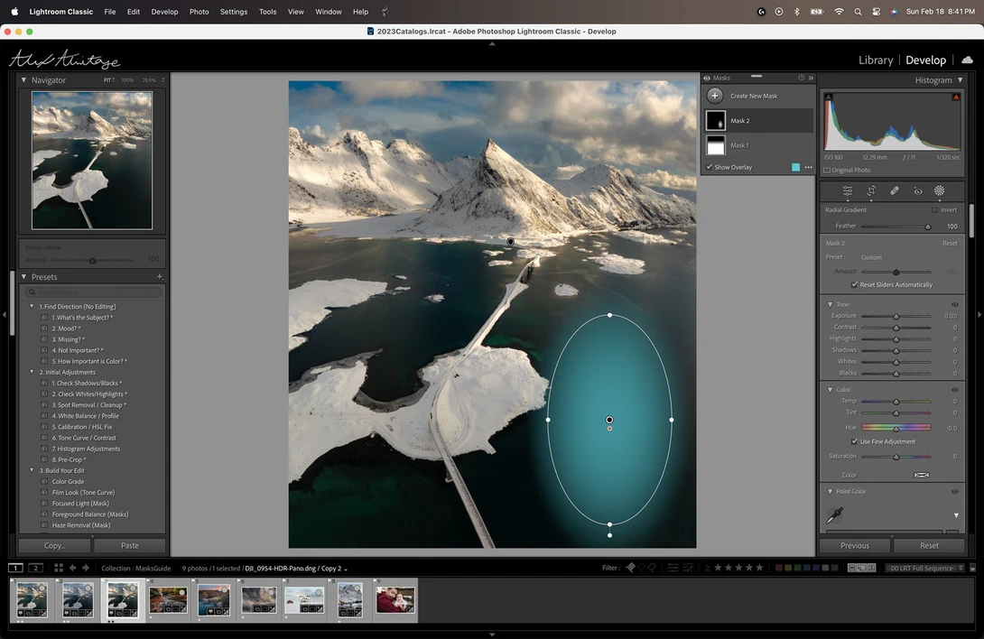 Screenshot of Lightroom Classic showing a snowy mountain landscape with a teal adjustment circle overlay.