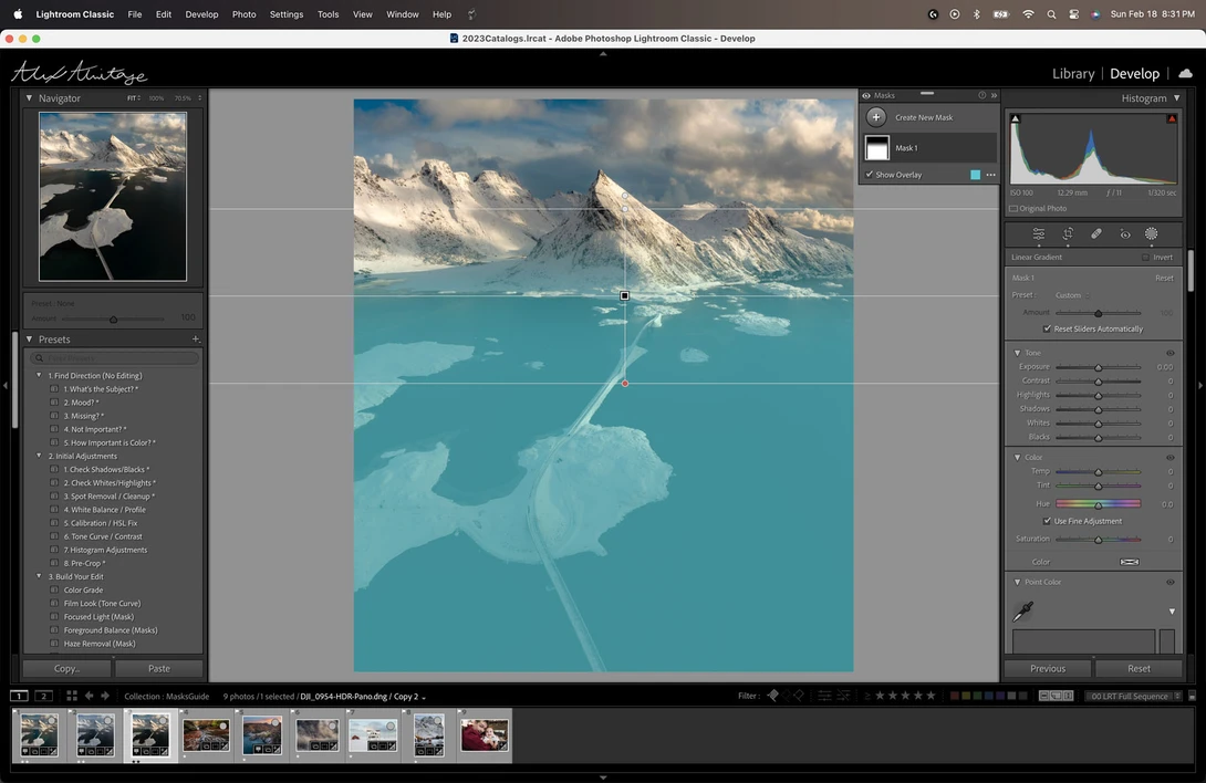 Screenshot of Lightroom Classic showing a landscape photograph of glacial mountains and turquoise water during editing.