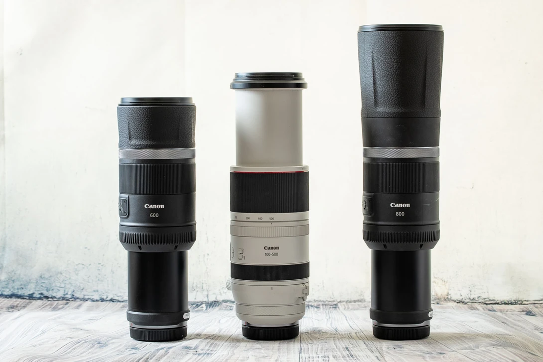 The RF 100-500mm f/4.5-7.1L IS USM, RF 600mm f/11 IS STM, and RF 800mm f/11 IS STM next to each other.&nbsp;