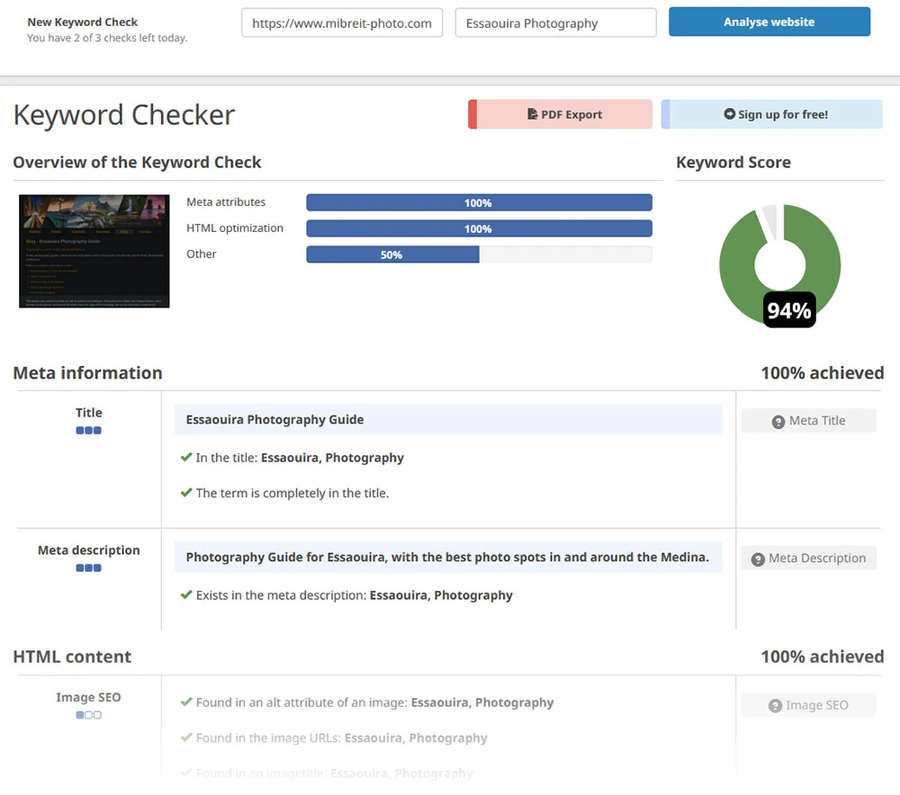 Seobility Keyword Report
