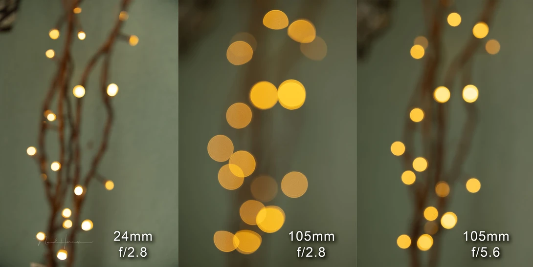 The f/2.8 aperture is ideal for a shallow depth of field. This is how the bokeh looks like. The cat-eye shape in the corners at 105mm is gone at f/5.6
