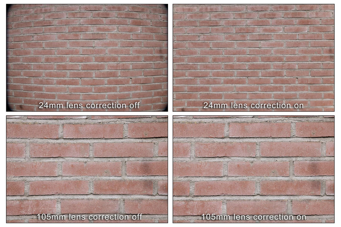 The distortion of this lens is quite extreme, especially at 24mm. You have to rely on the in-camera lens correction.