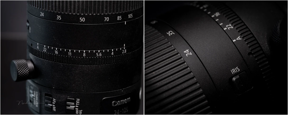 The aperture ring is step-less and can be locked with the spring loaded Iris-lock switch. Unfortunately the aperture ring doesn't work for photography. It's video only.