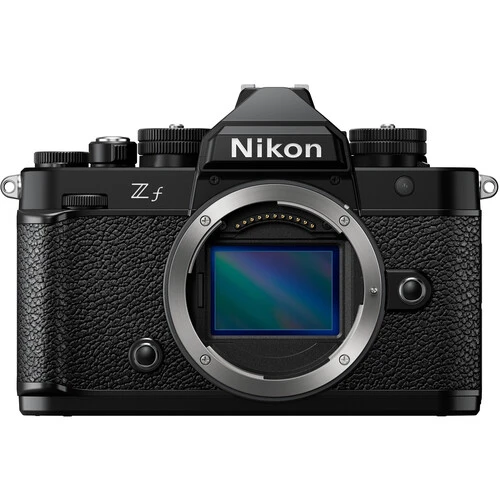 Nikon Z f mirrorless camera body with open shutter, front view.