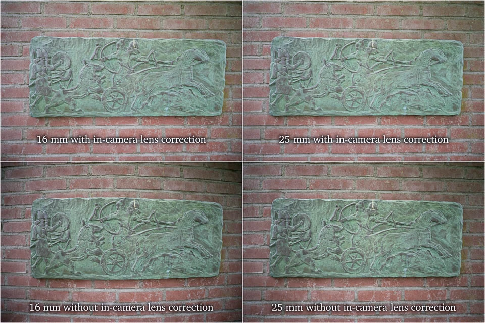 Comparison of lens distortion correction at 16mm and 25mm focal lengths with and without in-camera correction applied to weathered bronze relief plaque.
