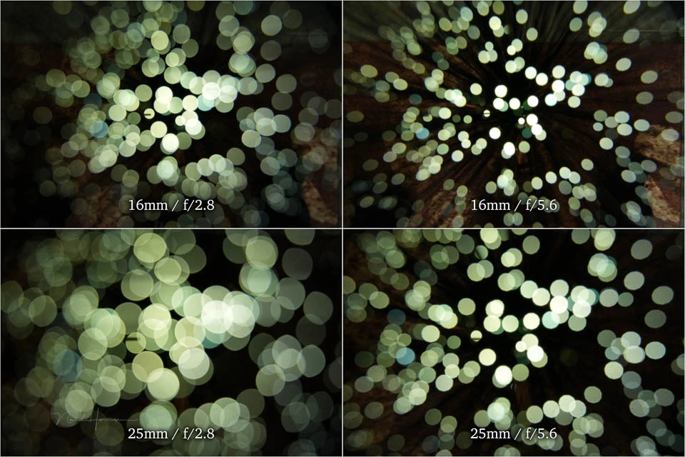 Four comparison images of bokeh at different focal lengths and apertures, ranging from 16mm to 25mm.