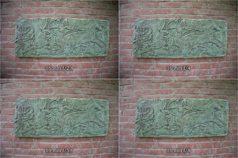 Comparison of the same textured green metal relief sculpture photographed with four different 16mm lenses at various apertures.