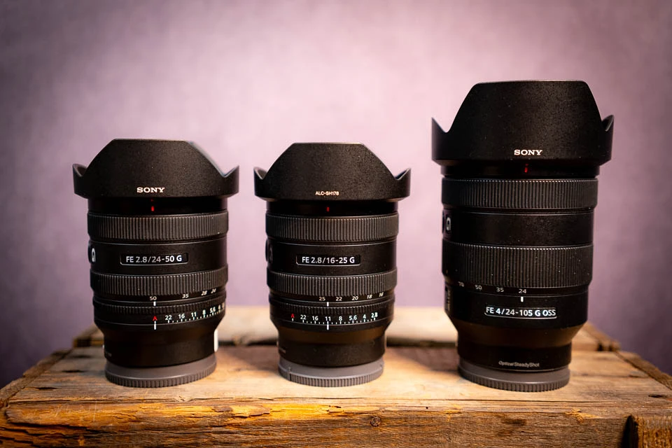 The size difference between the FE 16-24mm, the FE 24-50mm, and the FE 24-105mm f/4 G.