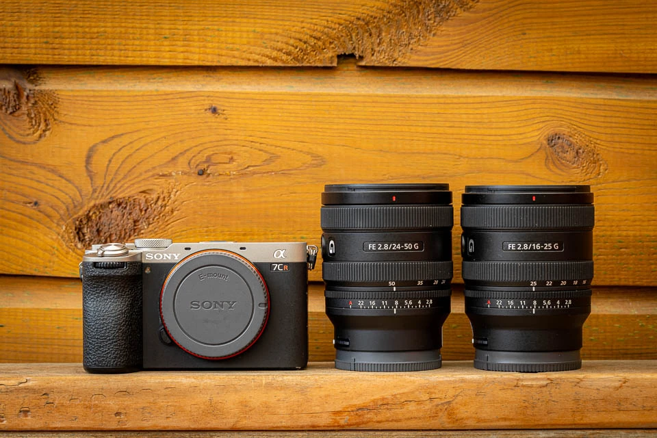 The compact Sony A7C R with the FE 16-25mm f/2.8 G and the FE 24-50mm f/2.8 G