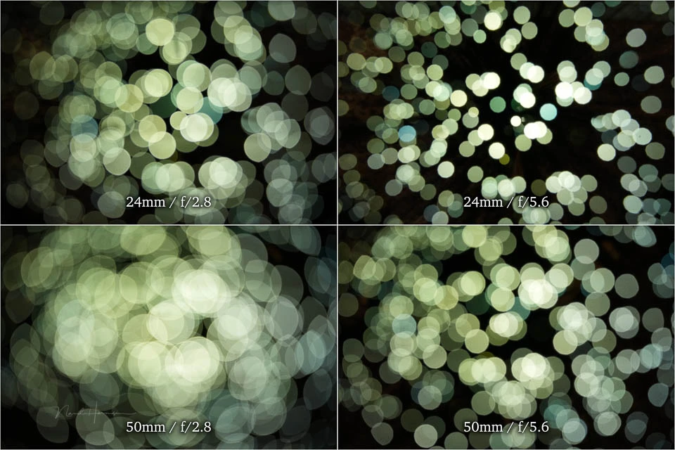 Comparison of bokeh quality at different focal lengths and apertures with 24mm and 50mm lenses.