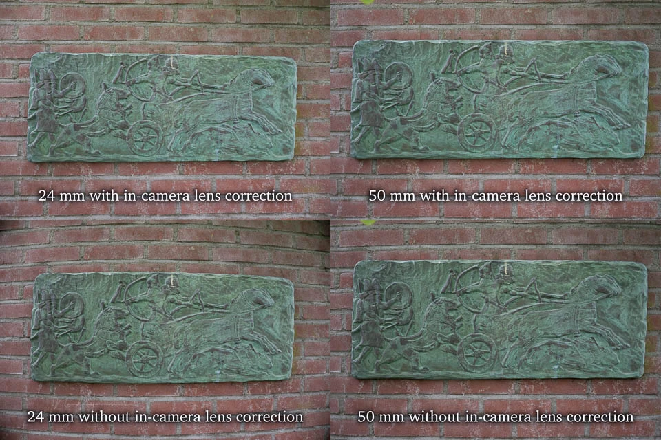 Comparison of 24mm and 50mm lens distortion on textured copper relief panel against brick wall.
