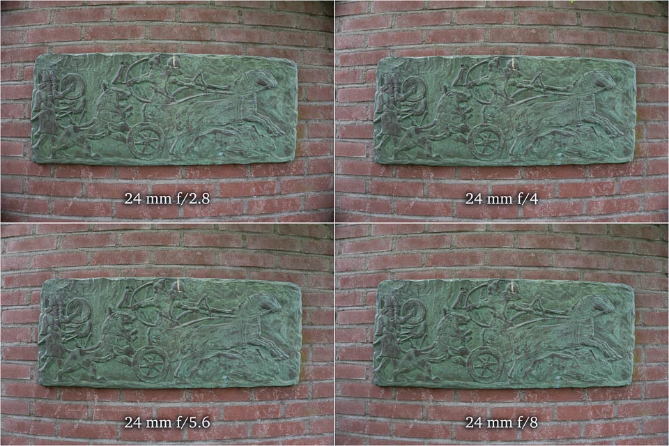 Comparison of the same textured copper plaque photographed with four different 24mm lenses at various apertures.