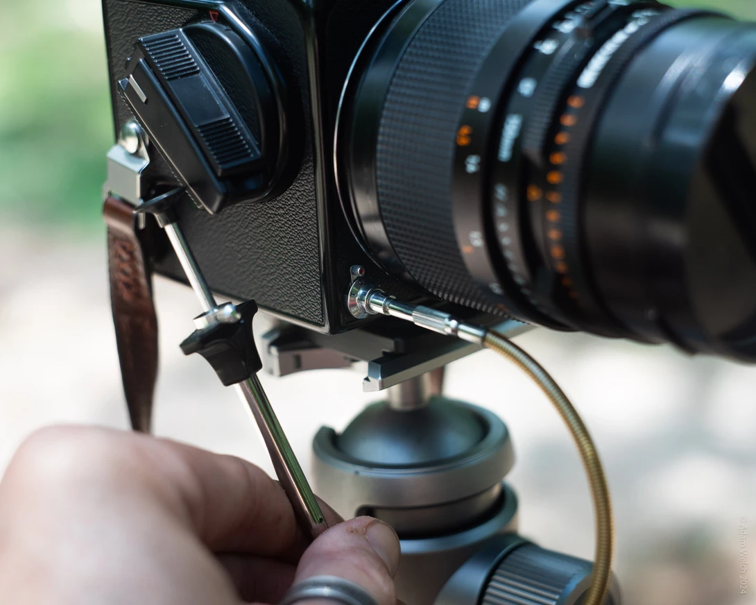 Hands holding a vintage rangefinder camera with interchangeable lens mounted on a tripod ball head.