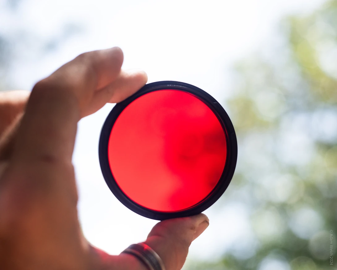 Hand holding a red circular camera filter against bright sky and blurred green foliage.