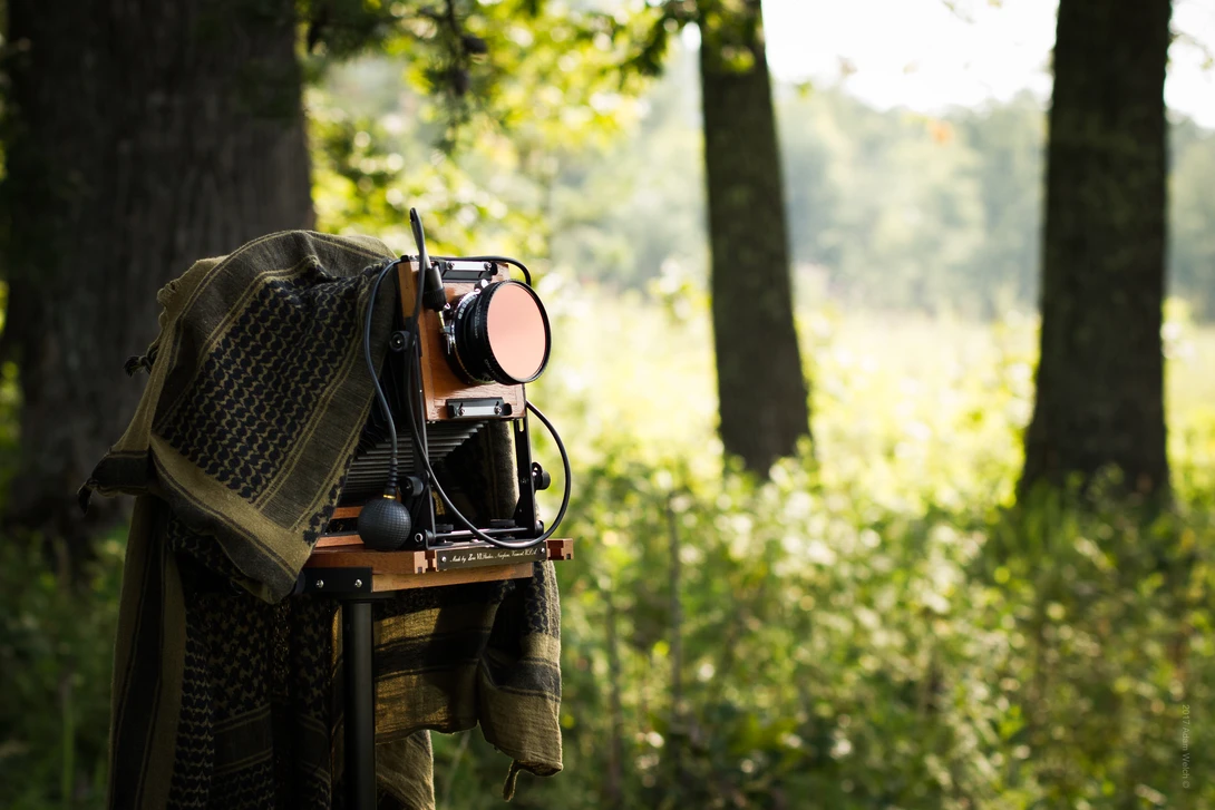 Professional film lighting kit mounted on stand in forest clearing with natural sunlight filtering through trees.