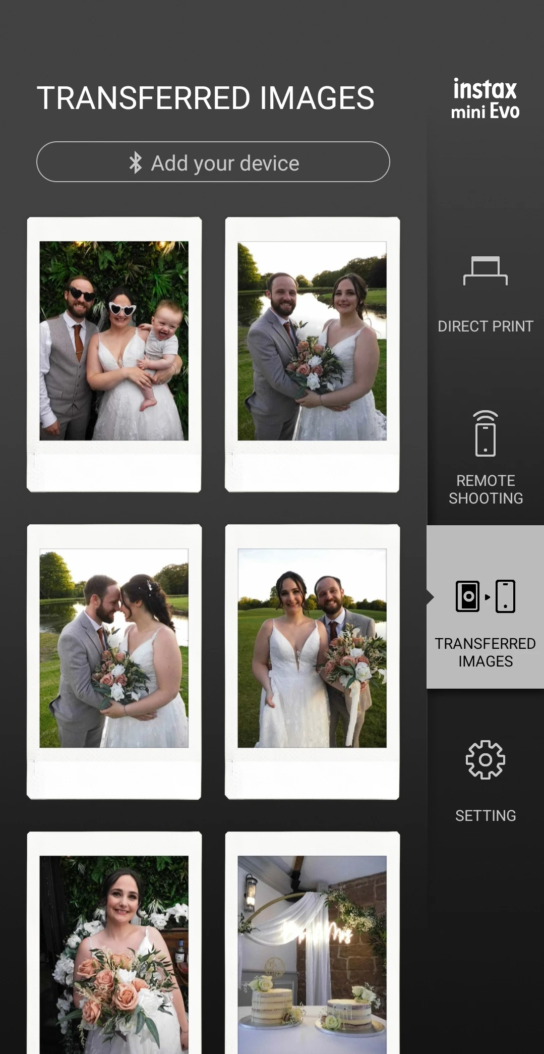 Screenshot of Instax mobile app showing six transferred instant film photos arranged in a grid layout.