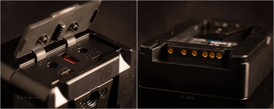 The connections are hidden behind a rubber flap. The battery-plate connectors are not protected.
