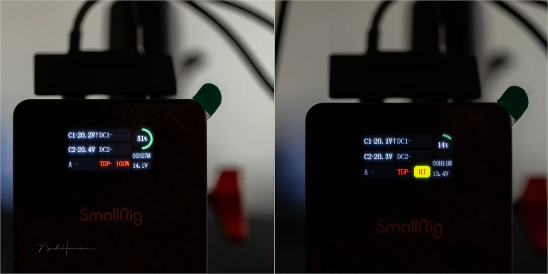 The Battery Management System keeps track of the status. Warnings are displayed onto the color OLED screen.