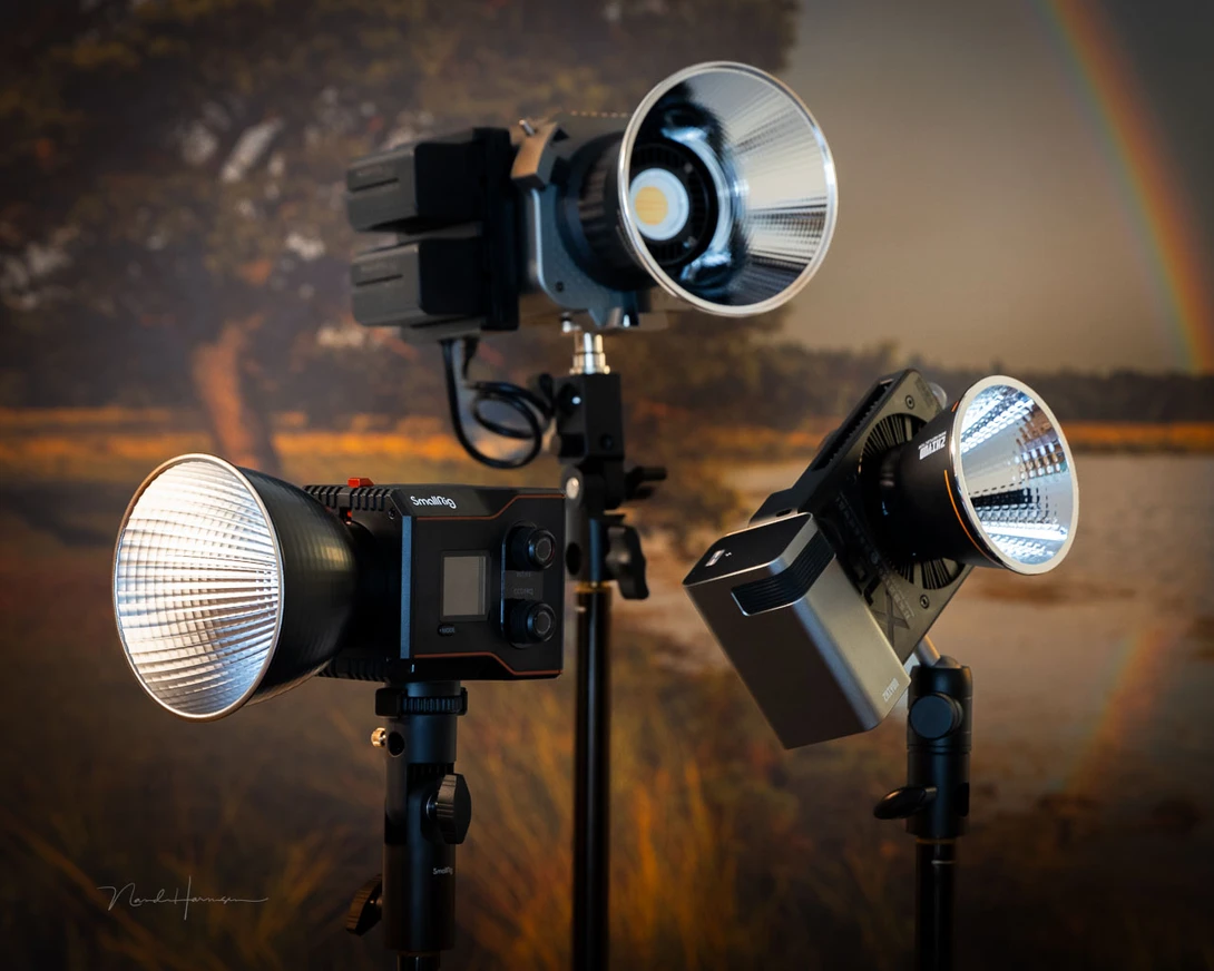 The SmallRig, Amaran, and Zhiyun next to each other.