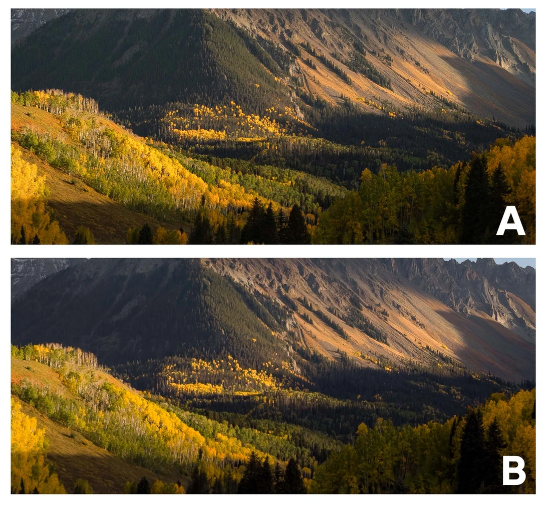 Mountain landscape with golden larch trees in foreground and shadowed peaks beyond during autumn.