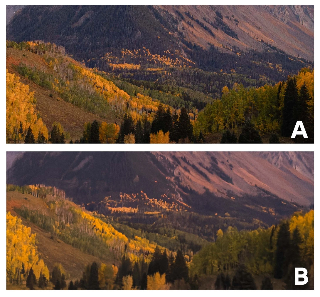 Comparison of autumn mountain landscape with golden larch trees under dramatic sky.