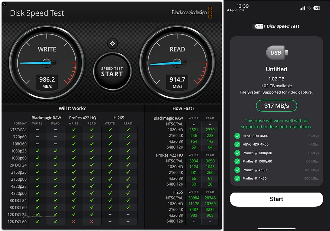 Disk speed test on an M2 MacBook Pro (left) and on the iPhone 15 Pro (right)