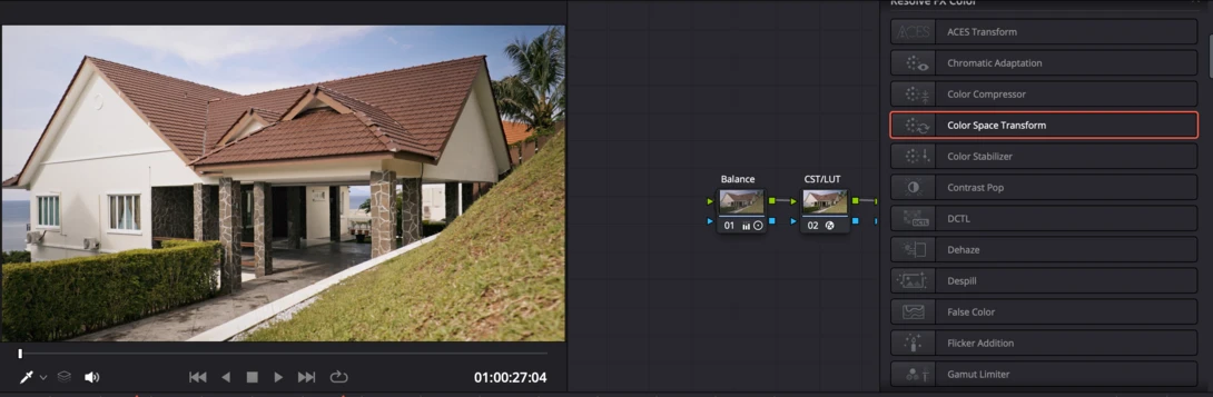 Screenshot of video editing software showing color grading adjustments with split-screen comparison of before and after on residential home footage.