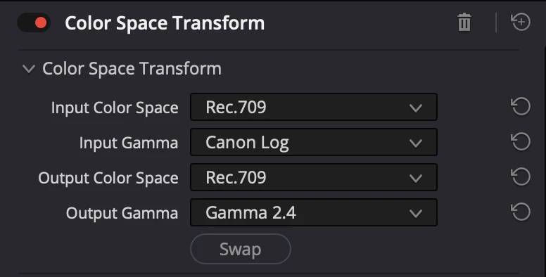 Screenshot of color space transform settings panel with input and output color space options.