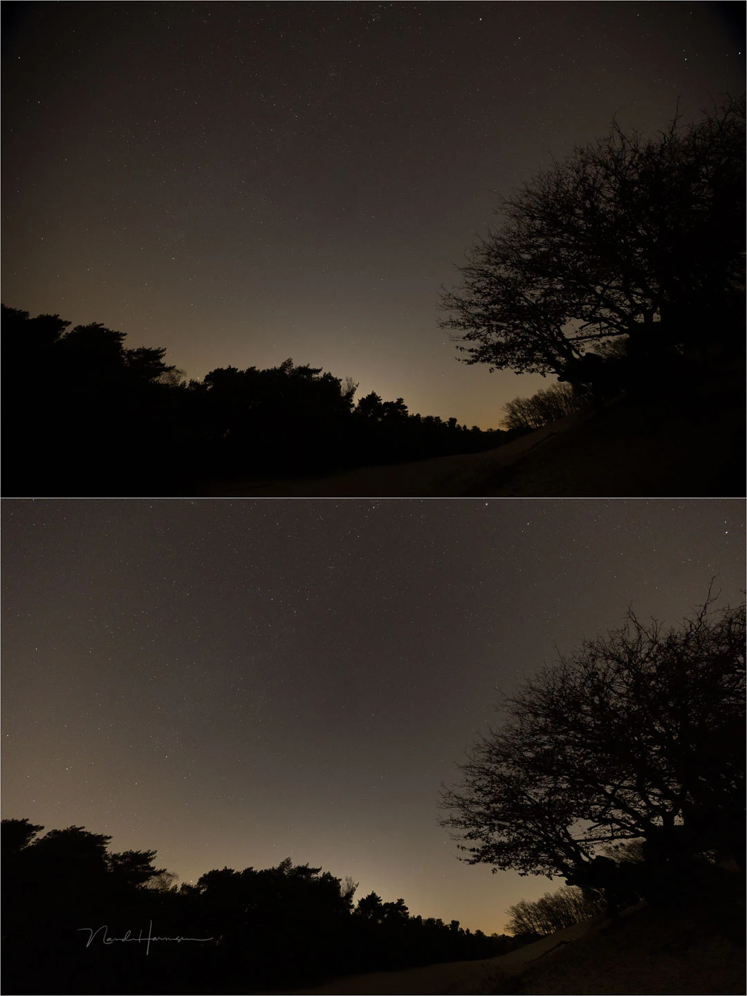 An example of the vignetting and distortion of the Canon RF 10-20mm f/4L. Above without lens correction, below with lens correction. Noise levels have increased in the corners.