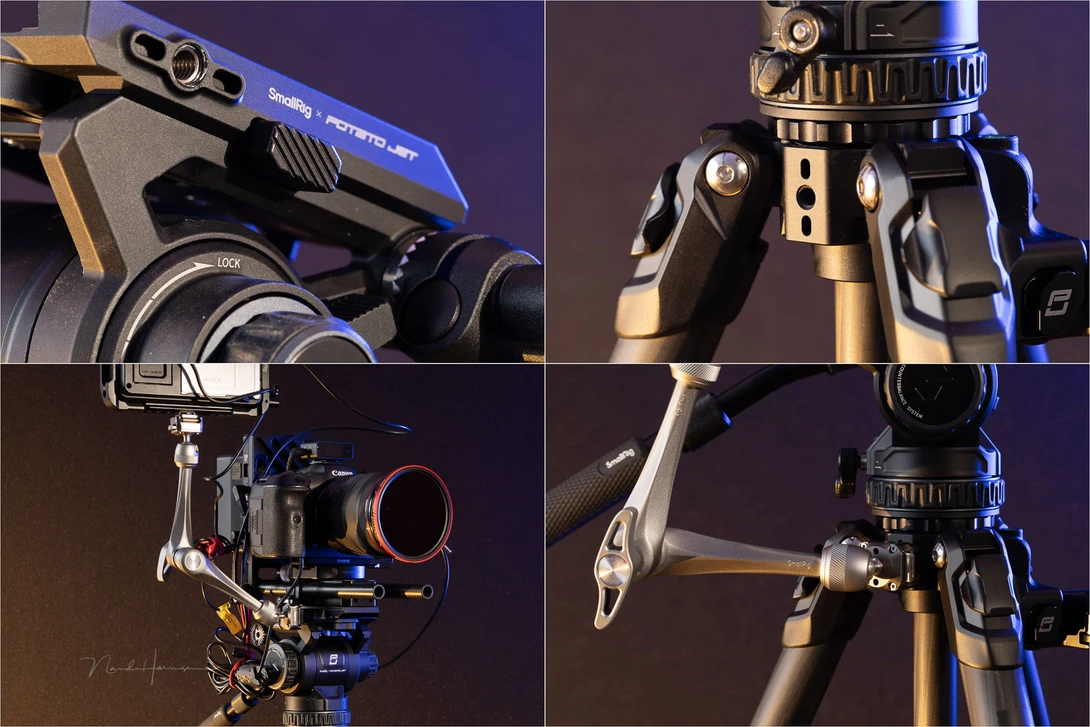Adding accessories to the fluid head is possible thanks to the two 1/4"-20 threads on both sides. There is also one on the tripod itself.