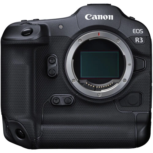 Canon EOS R3 mirrorless camera body shown from front, displaying the sensor and mirror mechanism. Period.
