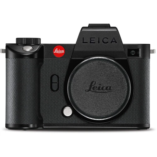 Leica SL2 mirrorless camera body with integrated grip and lens cap, shown in front view against white background.