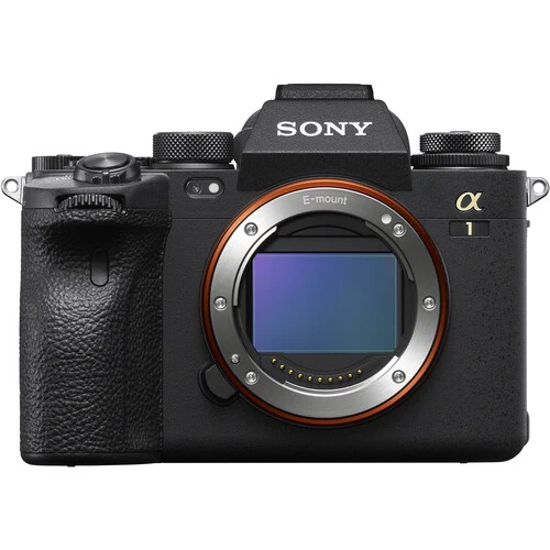 Sony α1 mirrorless camera body with sensor exposed, showing the full-frame imaging sensor and red filter ring against black finish.