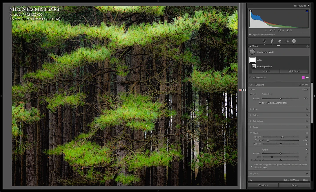 A simple but effective Orton effect can be added in Lightroom by using a mask. Reduce the clarity and bring some details back with the details slider.