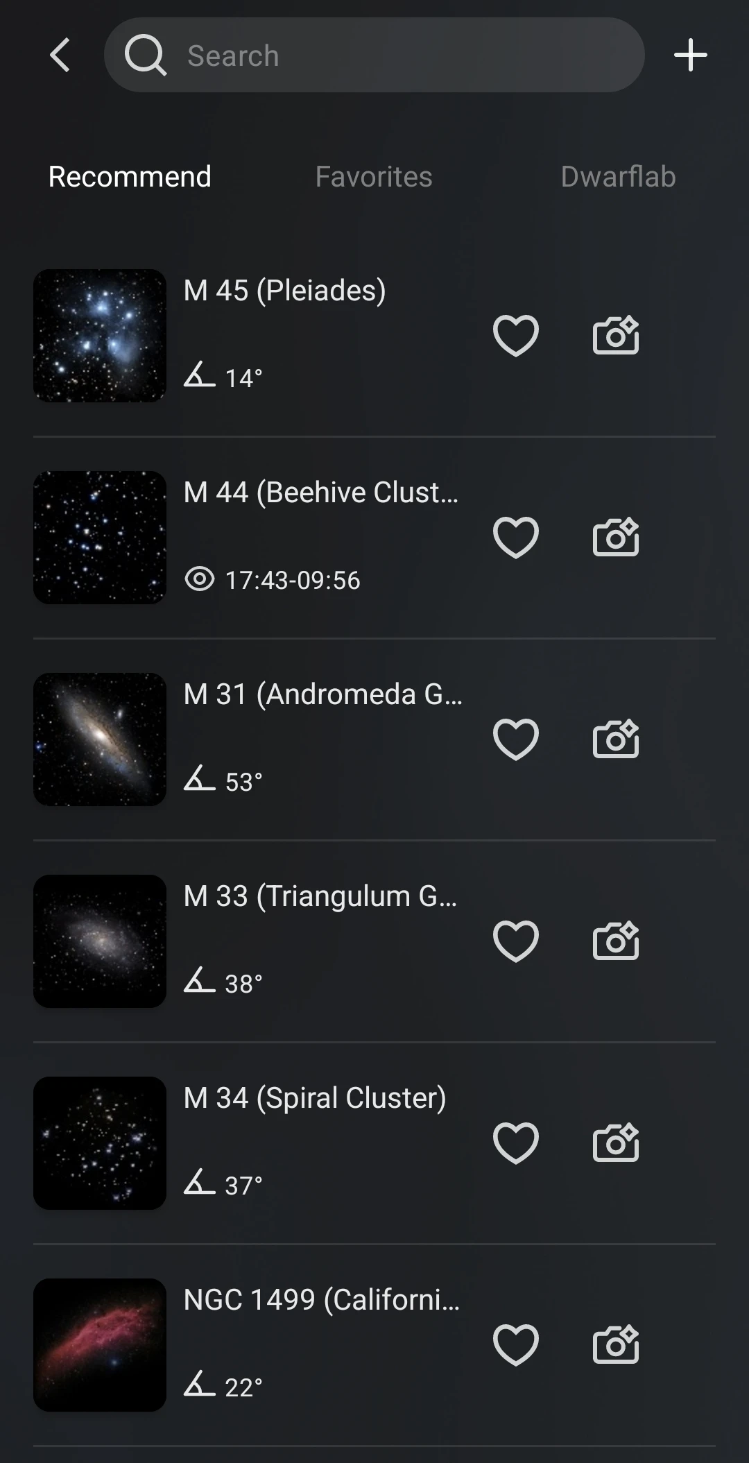 Screenshot of an astronomy app displaying a list of deep-sky objects including Messier and NGC catalog entries.