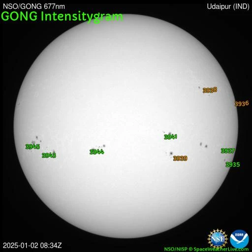 Solar intensity map from NSO/GONG 677nm instrument showing the sun's surface with labeled active regions.