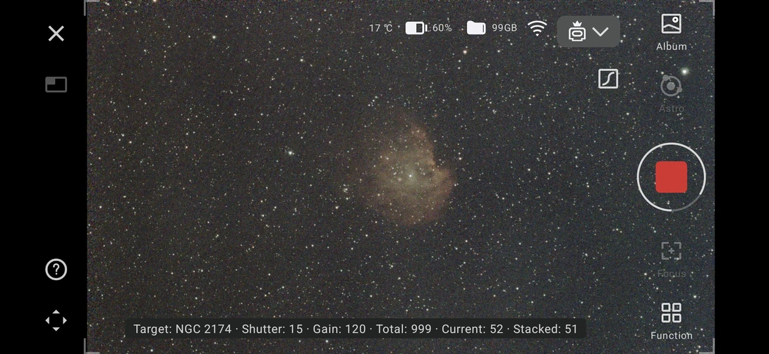 Screenshot of astrophotography capture interface showing NGC 2174 nebula with stacking parameters displayed.