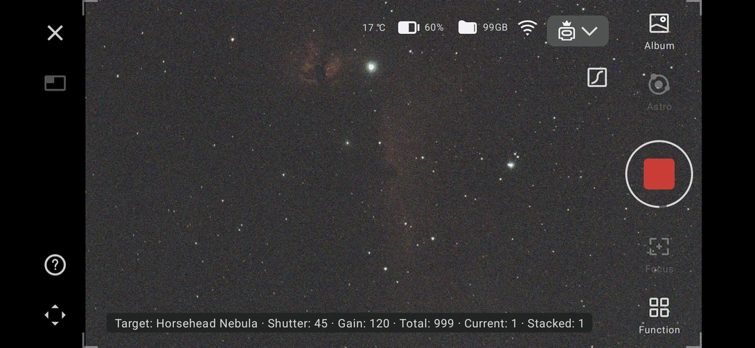 Screenshot of astrophotography camera interface showing Horsehead Nebula target with exposure settings displayed.