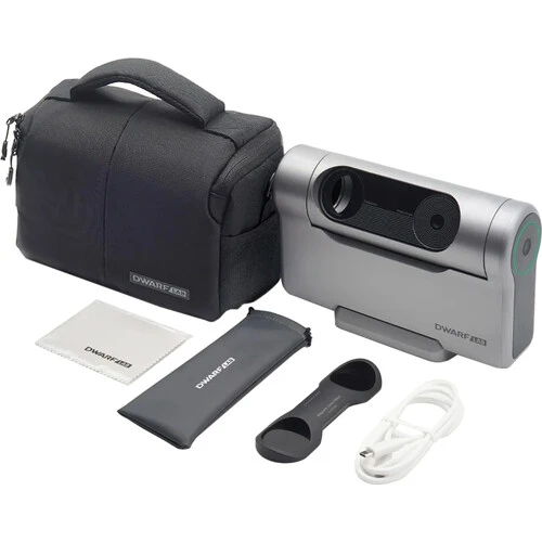 Compact projector with carrying case and accessories displayed on white background.