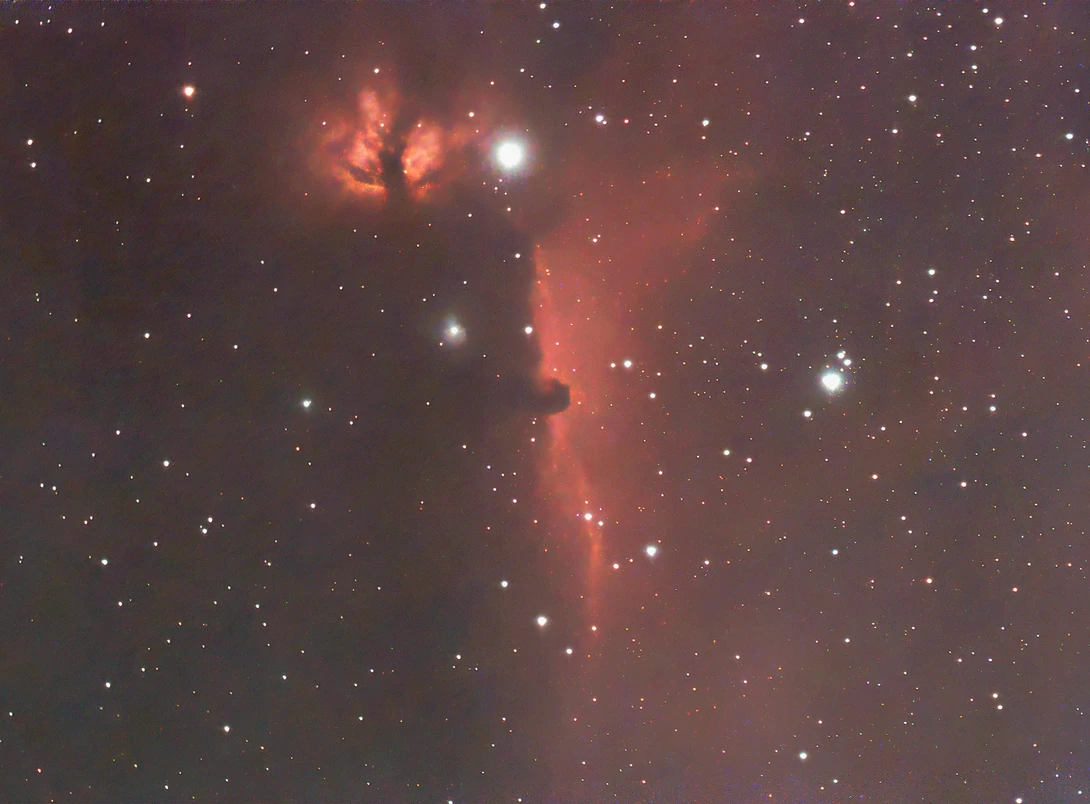 Deep-sky astrophotography of an emission nebula with dramatic red gas filaments against a starfield.