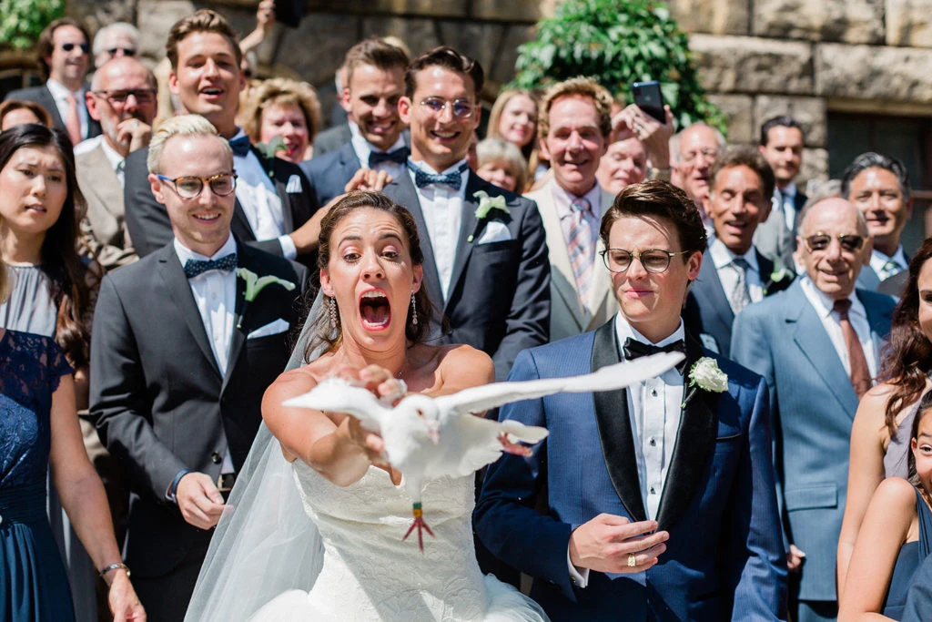 Bride releases dove during wedding ceremony