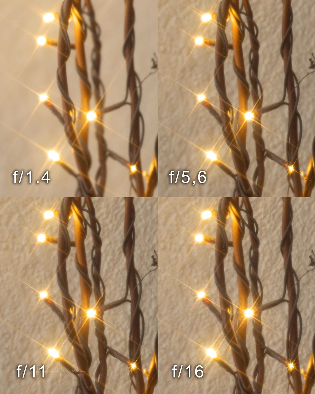 The aperture doesn't seem to have a lot of effect on the star spikes. At first/1.4 the shallow depth of field is responsible for the softness.