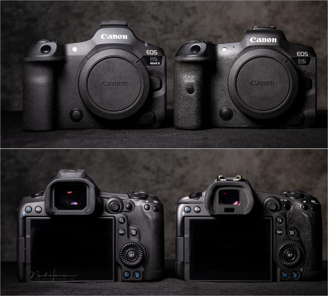 The Canon EOS R5 mark II next to the Canon EOS R5